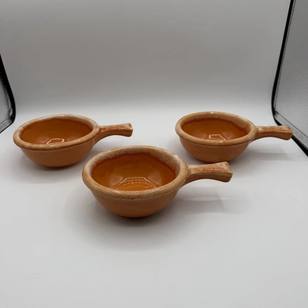 Vintage Set of 3 Hull Orange Tangerine Drip Glazed Chili Soup Bowls w/Handle USA